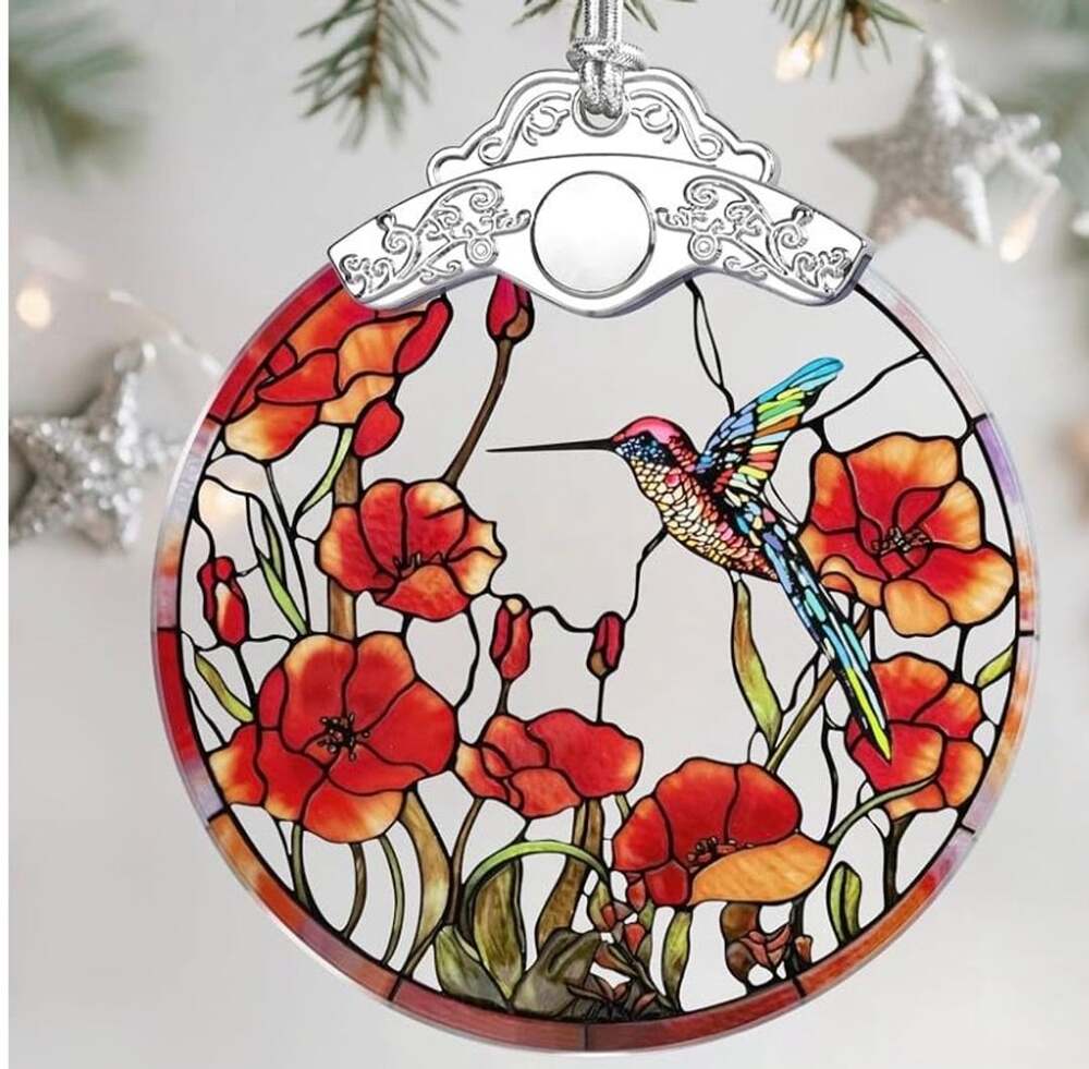 Hummingbird Stained Glass Suncatcher Red Poppy Ornament